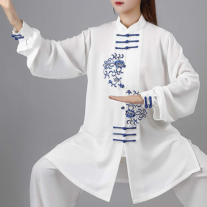 Buddha Stones Flower Embroidery Meditation Prayer Spiritual Zen Tai Chi Qigong Practice Unisex Clothing Set