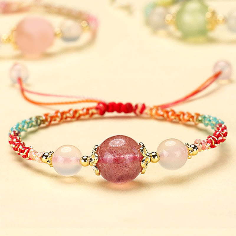 Buddha Stones Strawberry Quartz Pink Crystal Prehnite White Agate Bead Healing Rope Bracelet