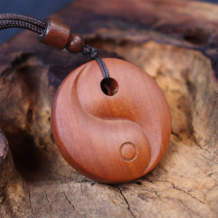 Buddha Stones Lightning Struck Jujube Wood Yin Yang Luck Protection Necklace Pendant