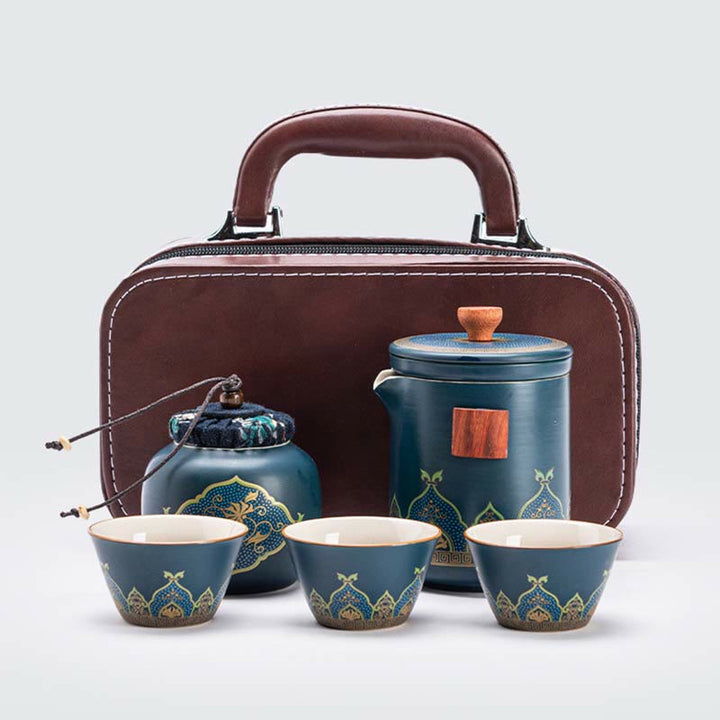 Buddha Stones Flower Chinese Gongfu Ceramic Teapot Portable Outdoor Travel Tea Set Bag