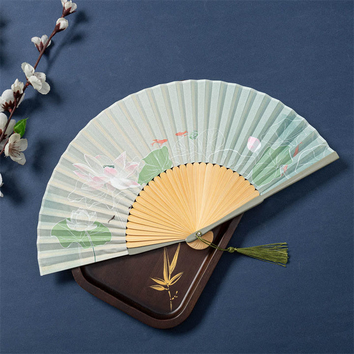 Buddha Stones Lotus Begonia Flower Jasmine Handheld Silk Bamboo Folding Fan 21cm