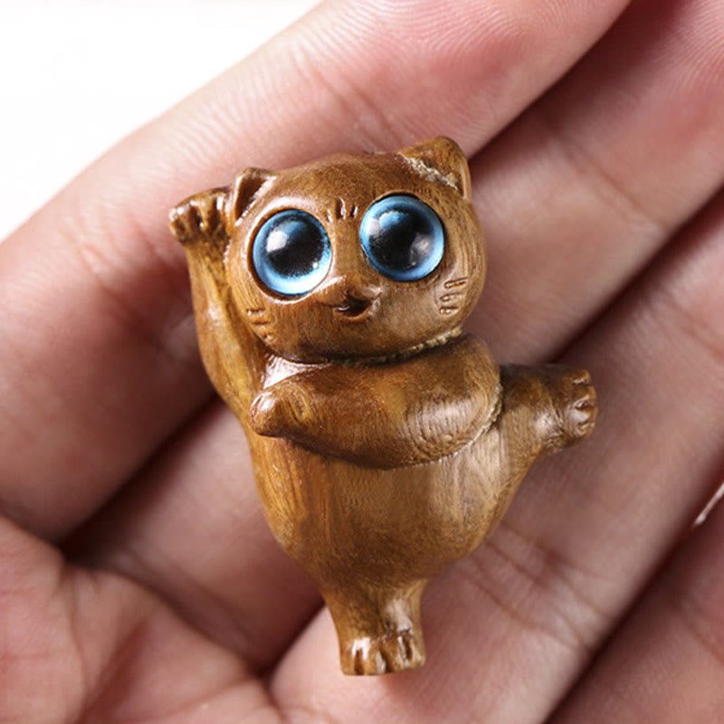 Buddha Stones Mini Green Sandalwood Dancing Cat Engraved Positive Desk Decorations - image 7