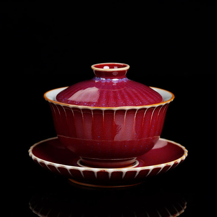 Buddha Stones Retro Glaze Kiln Change Ceramic Gaiwan Sancai Teacup Kung Fu Tea Cup And Saucer With Lid - Red STYLE (COLOR & GLAZE MAY VARY) - 11.5cm*8.5cm*140ml - image 5