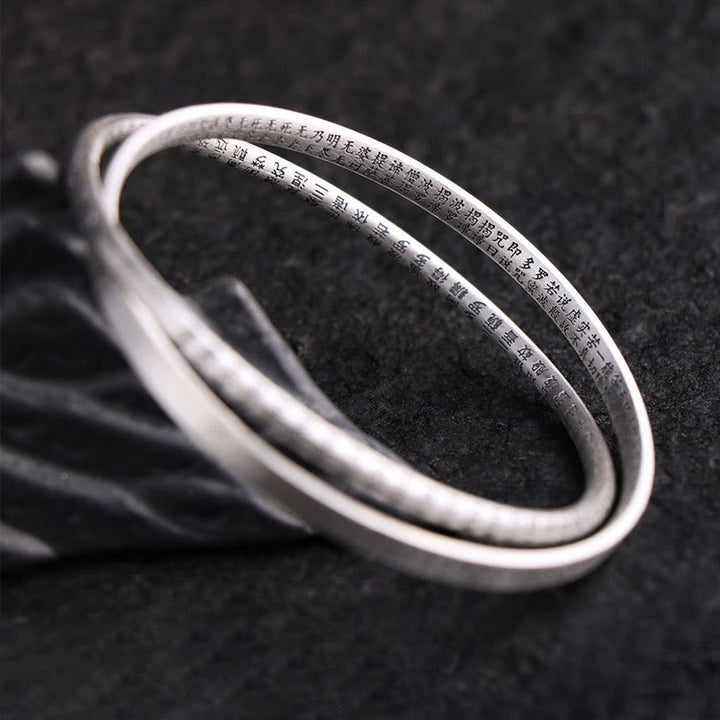 Buddha Stones 999 Sterling Silver Heart Sutra Carved Protection Bracelet Bangle - image 6