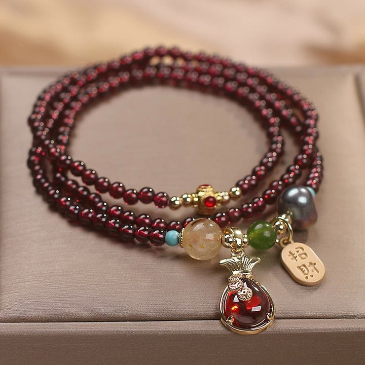 Buddha Stones Multi Layered Natural Garnet Jade Coin Money Bag Attracting Wealth Protection Bracelet