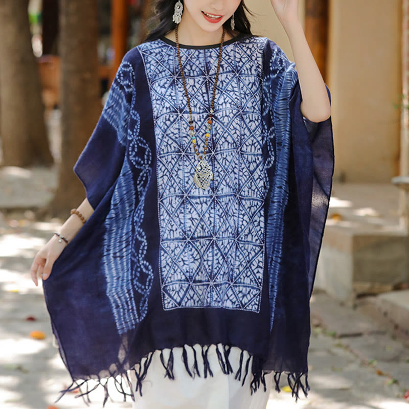 Buddha Stones Blue Stripe Geometry Indigo Dyeing Shawl Tassels Travel Pullover 90*95cm