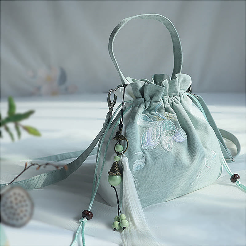 Buddha Stones Handmade Embroidered Flowers Canvas Tote Shoulder Bag Handbag - Green White Lotus 20*20cm - image 40