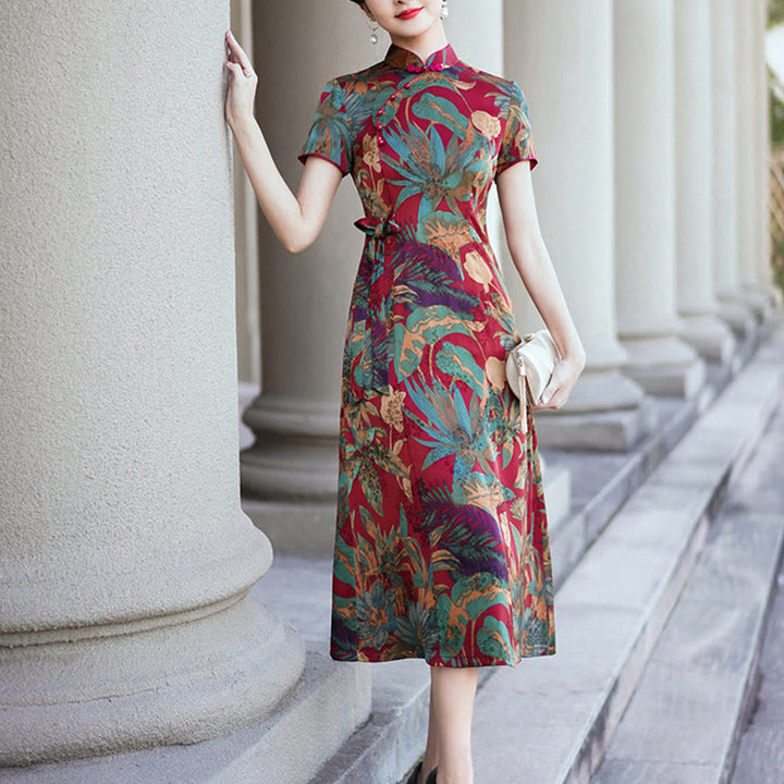 Buddha Stones Silk Qipao Dress Retro Flower Leaf Pattern Women's Cheongsam Dress - image 2