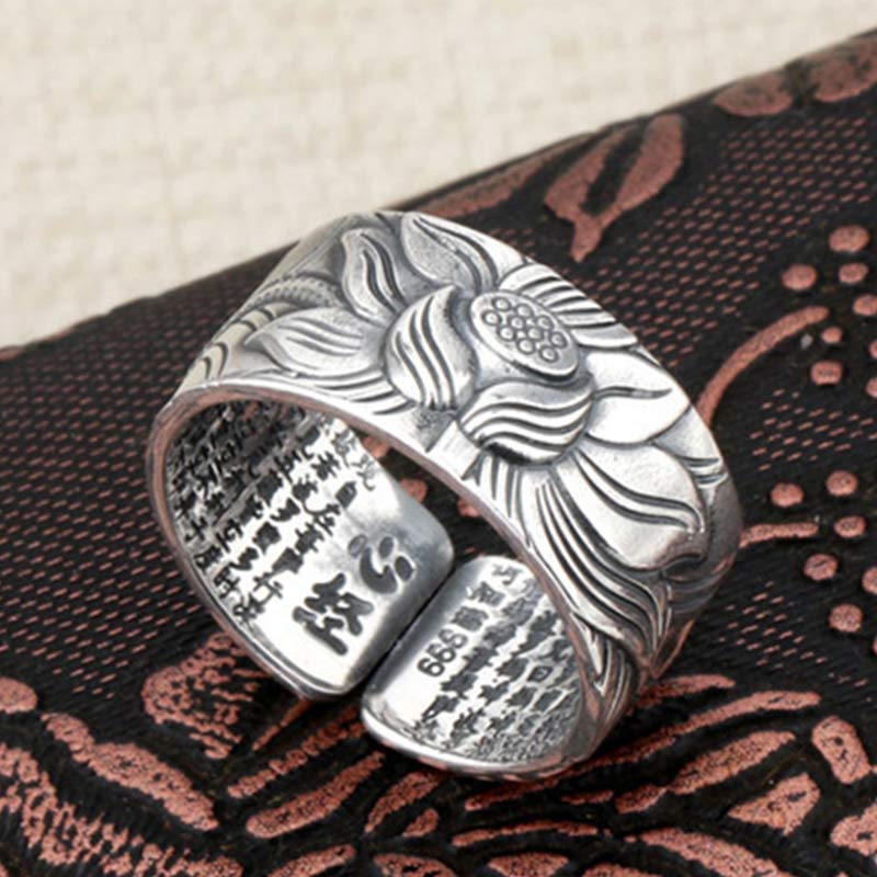 Buddha Stones 999 Sterling Silver Lotus Symbol Heart Sutra Protection Ring - image 2