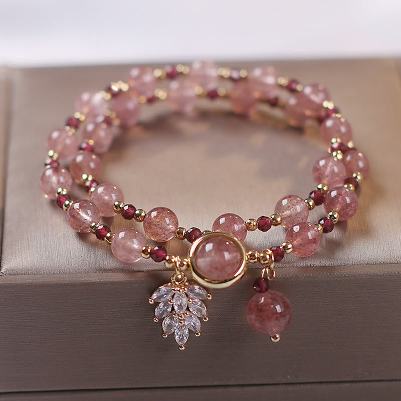 Natural Strawberry Quartz Love Healing Maple Leaf Charm Double Wrap Bracelet