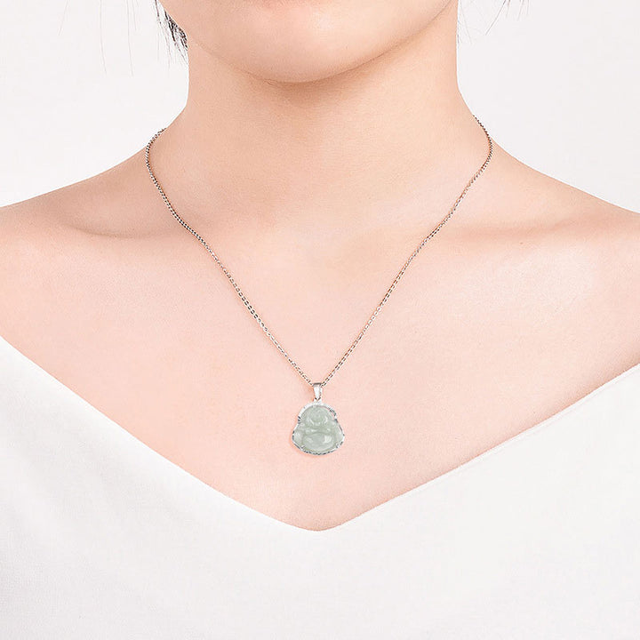 Buddha Stones 925 Sterling Silver Laughing Buddha Jade Luck Calm Necklace Chain Pendant - image 3