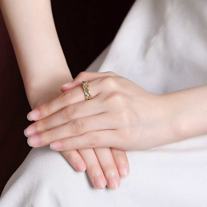 Buddha Stones 925 Sterling Silver Plated Gold Cyan Jade Braided Design Success Luck Adjustable Ring - image 4