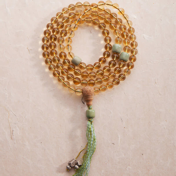 108 Mala Beads 925 Sterling Silver Citrine Sandalwood Turquoise Protection Prosperity Bracelet - Citrine (Happiness ♥ Prosperity) - image 0