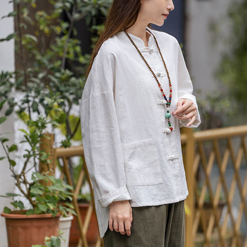 Buddha Stones Frog-Button Design Shirt Tai Chi Meditation Top Clothing Ramie Linen Jacket