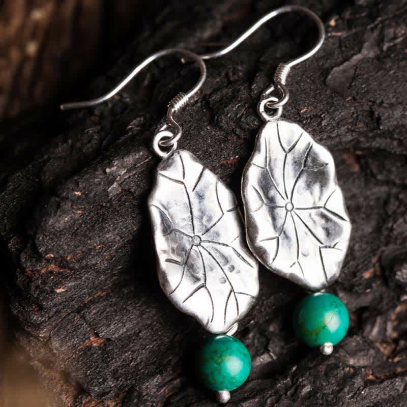 925 Sterling Silver Turquoise Lotus Leaf Protection Drop Dangle Earrings - image 1