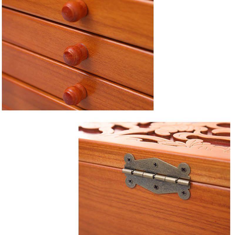 Buddha Stones Large Capacity Vintage Flowers Carved Wooden Jewelry Box Six-Layer Jewelry Storage Box - image 13