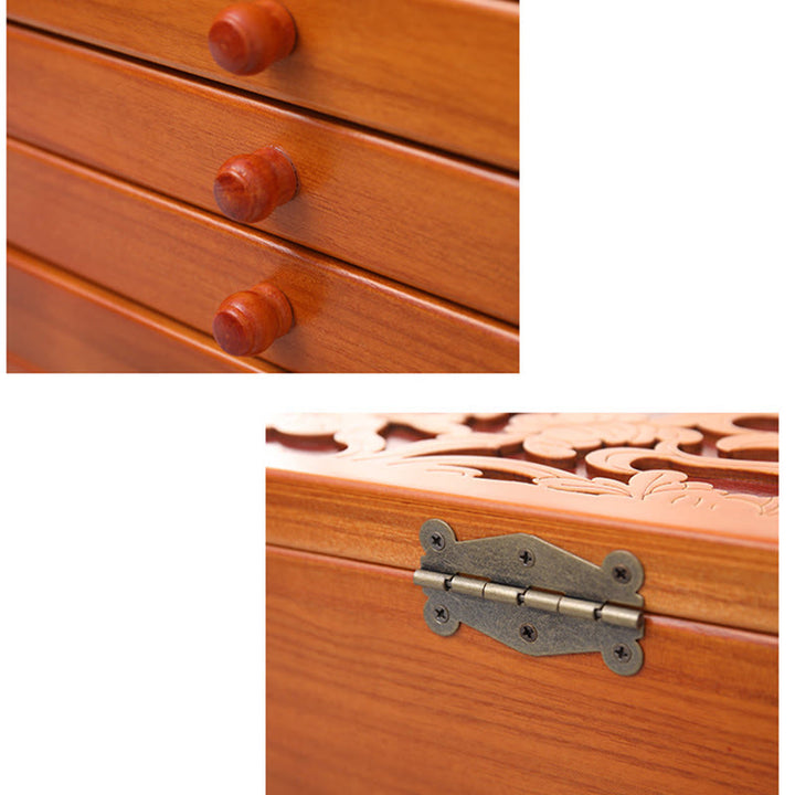 Buddha Stones Large Capacity Vintage Flowers Carved Wooden Jewelry Box Six-Layer Jewelry Storage Box - image 13