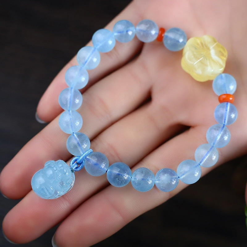 Natural Aquamarine Amber Pixiu Peace Healing Charm Bracelet - image 3