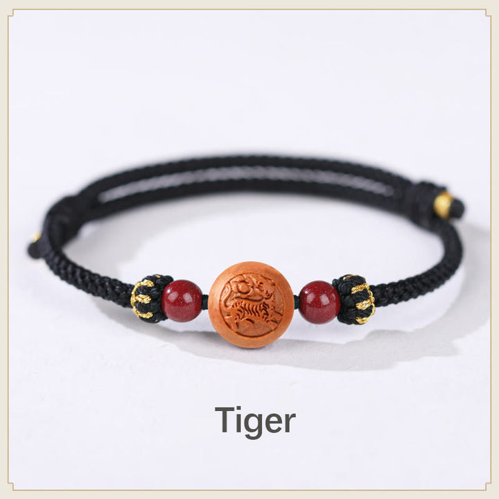 Buddha Stones Natural Peach Wood Chinese Zodiac Fu Character Carved Cinnabar Wealth Bracelet - Tiger-Black(Wrist Circumference 14-18cm) - image 11