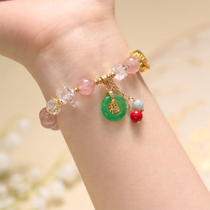 Buddha Stones Strawberry Quartz Jade Fu Character Charm Healing Bracelet