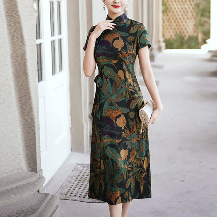 Buddha Stones Silk Qipao Dress Retro Flower Leaf Pattern Women's Cheongsam Dress - Dark Green Brown - US16，UK/AU20，EU48 (5XL) - image 14