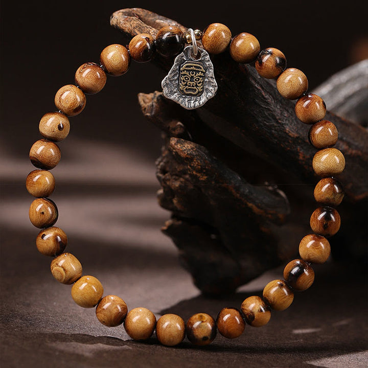 Buddha Stones 925 Sterling Silver Natural Golden Sea Willow Zakiram Goddess of Wealth Lucky fortune Fu Character Success Bracelet