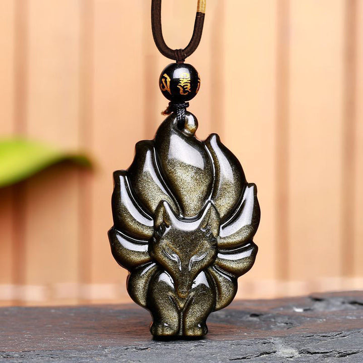 Buddha Stones Natural Rainbow Obsidian Gold Sheen Obsidian Nine Tailed Fox Positive Necklace Pendant