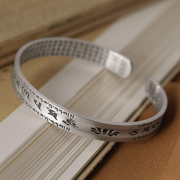 Buddha Stones 999 Sterling Silver Om Mani Padme Hum Lotus Wisdom Bracelet Bangle - Small - image 3