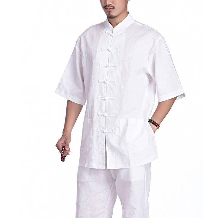Buddha Stones Chinese Frog Button Design Meditation Prayer Cotton Linen Spiritual Zen Practice Yoga Clothing Men's Set - White(Short Sleeve) - US/UK/AU44，EU54 (3XL) - image 21