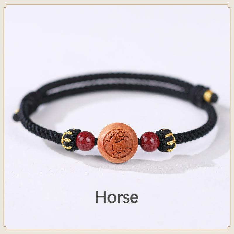 Buddha Stones Natural Peach Wood Chinese Zodiac Fu Character Carved Cinnabar Wealth Bracelet - Horse-Black(Wrist Circumference 14-18cm) - image 19