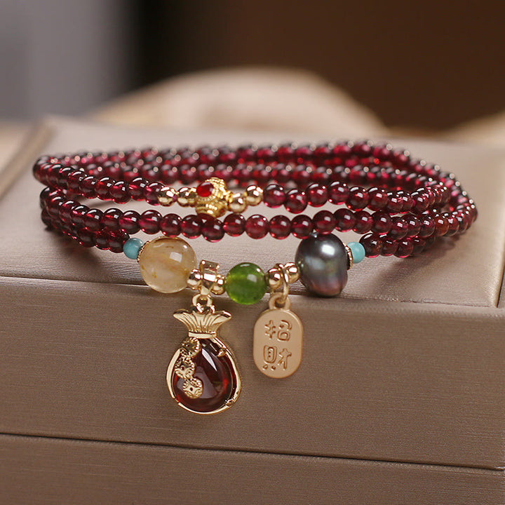 Buddha Stones Multi Layered Natural Garnet Jade Coin Money Bag Attracting Wealth Protection Bracelet