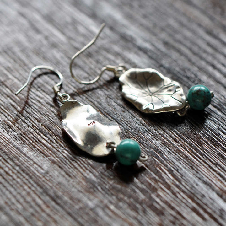 925 Sterling Silver Turquoise Lotus Leaf Protection Drop Dangle Earrings - image 9