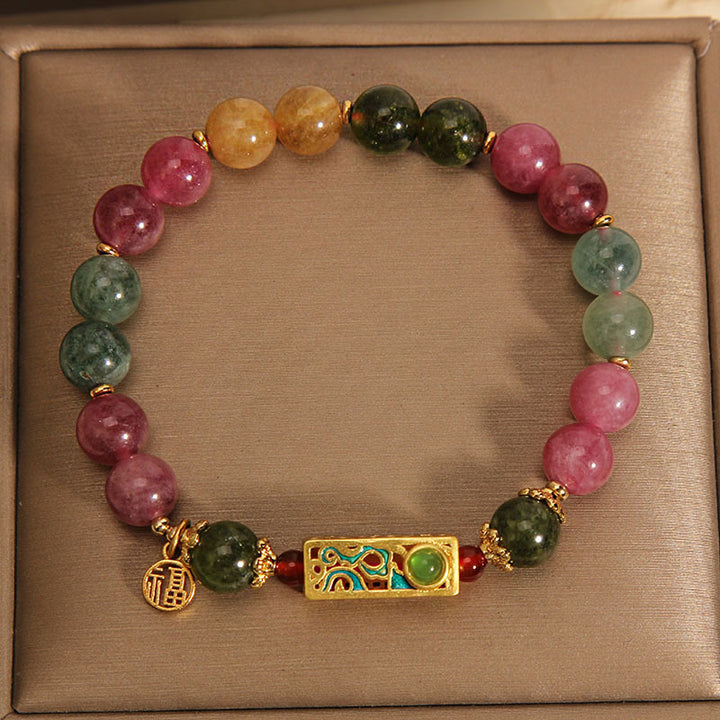 Buddha Stones Colorful Tourmaline Positive Fu Character Charm Bracelet