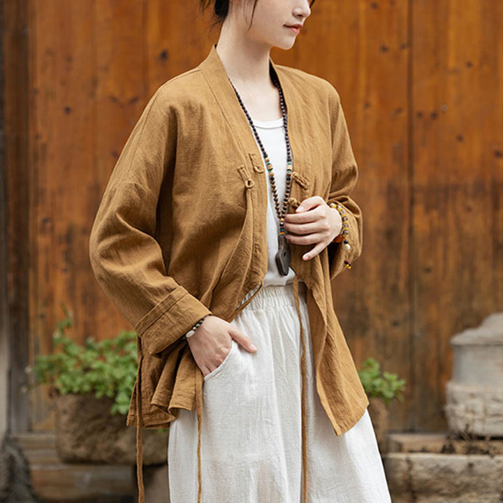 Buddha Stones Frog-Button Hanfu Design Shirt Top Ramie Linen Jacket