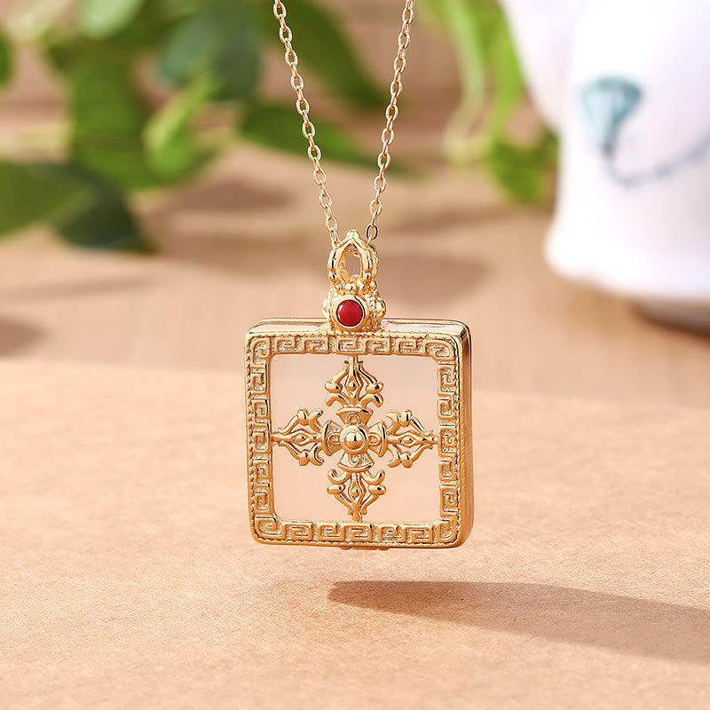 24K Gold Plated White Jade Double Dorje Protection Luck Necklace Pendant