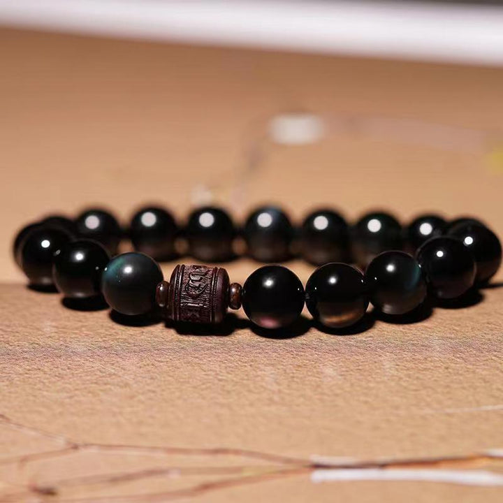 Buddha Stones Natural Gold Sheen Obsidian Rainbow Obsidian Om Mani Padme Hum Fu Character Healing Bracelet