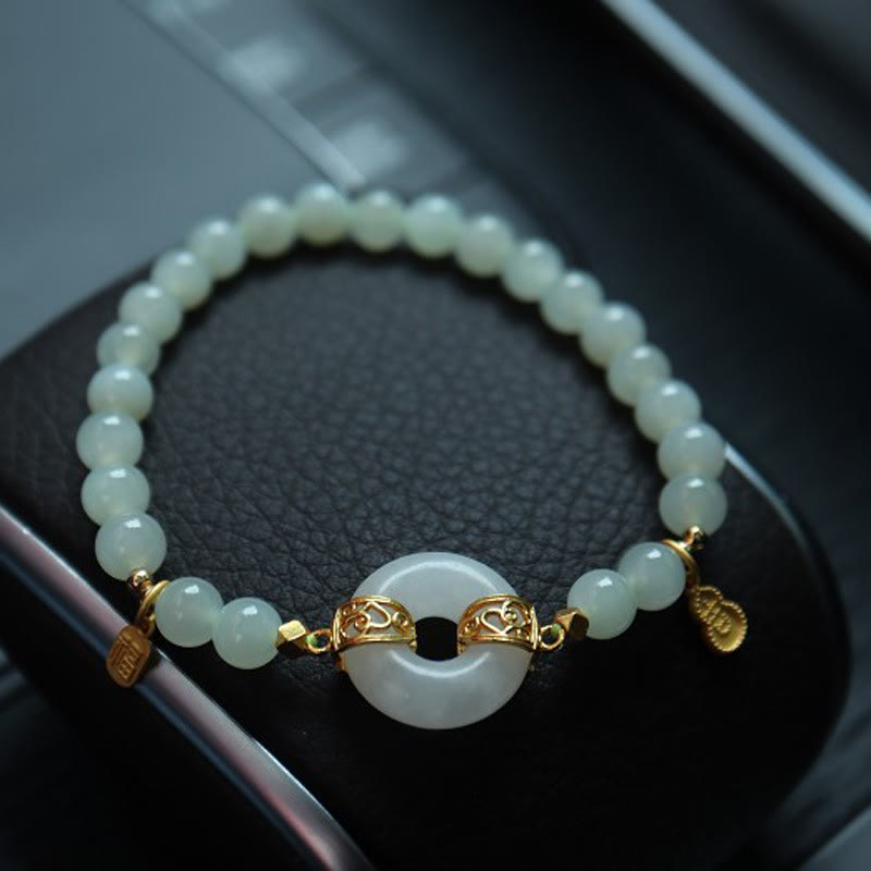 Buddha Stones 925 Sterling Silver Plated Gold Natural Hetian Jade Bead Gourd Lotus Bamboo Fu Character Luck Bracelet