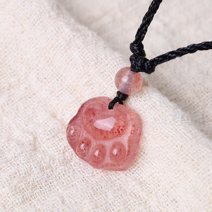 Buddha Stones Strawberry Quartz Lovely Cat Paw Claw Healing Necklace Pendant