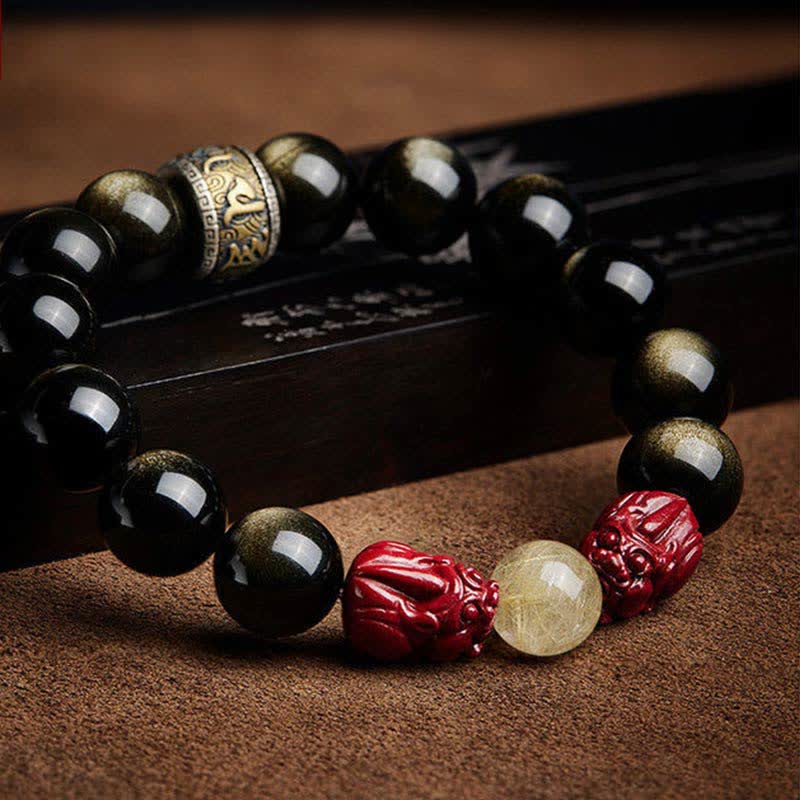 Buddha Stones Gold Sheen Obsidian PiXiu Cinnabar Om Mani Padme Hum Protection Bracelet