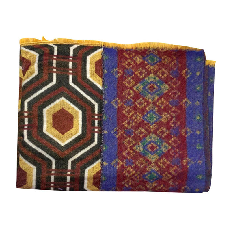 Buddha Stones Tibetan Shawl Brown Blue Red Geometric Shapes Pattern Winter Cozy Travel Scarf Wrap