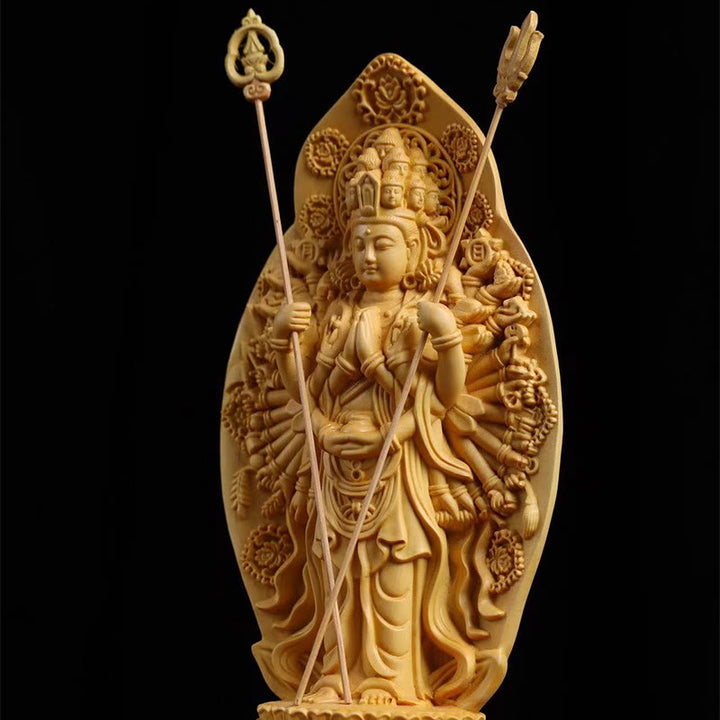 Buddha Stones Handmade Thousand-armed Avalokitesvara Kwan Yin Bodhisattva Statue Boxwood Abundance Home Decoration