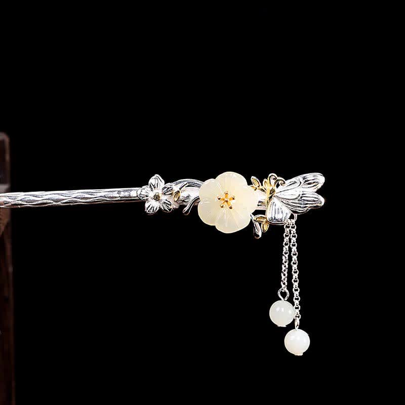 925 Sterling Silver Hetian White Jade Flower Blessing Hairpin