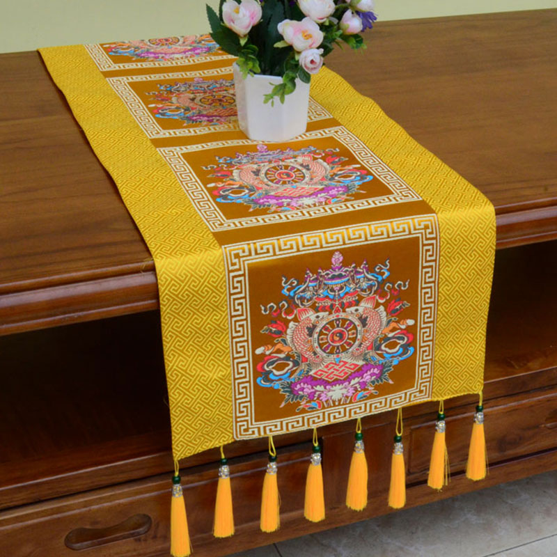 Buddha Stones Prayer Altar Mat Man-Bcu Kalachakra Endless Knot Vajra Tibetan Auspicious Symbols Tassels Table Runner