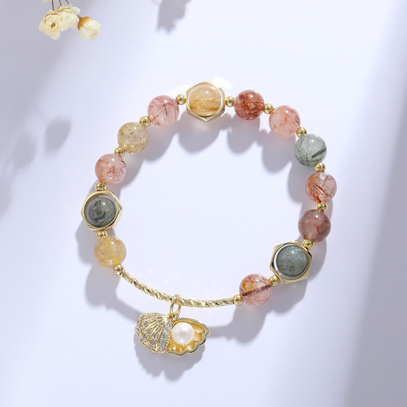 Buddha Stones Natural Colorful Rutilated Quartz Shell Protection Bead Bracelet