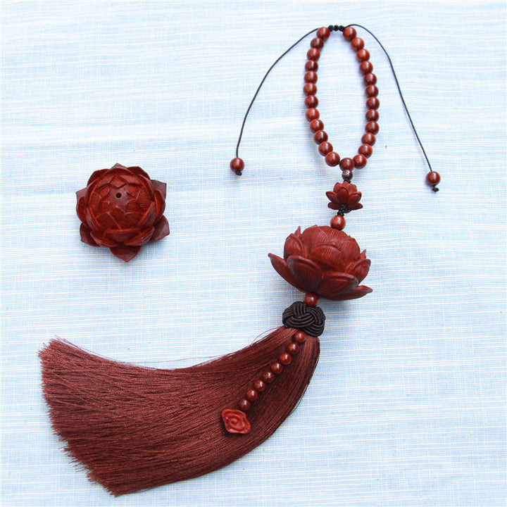 Buddha Stones Tibetan Small Leaf Red Sandalwood Lotus Luck Protection Tassel Decoration