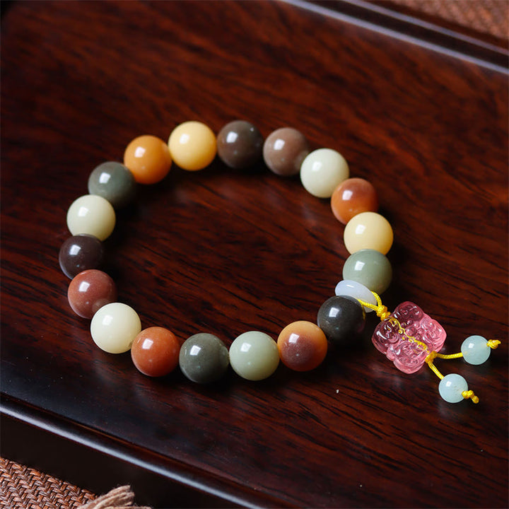 Buddha Stones Natural Multicolored Gradient Bodhi Seed Liuli Glass Charm Peace Bracelet