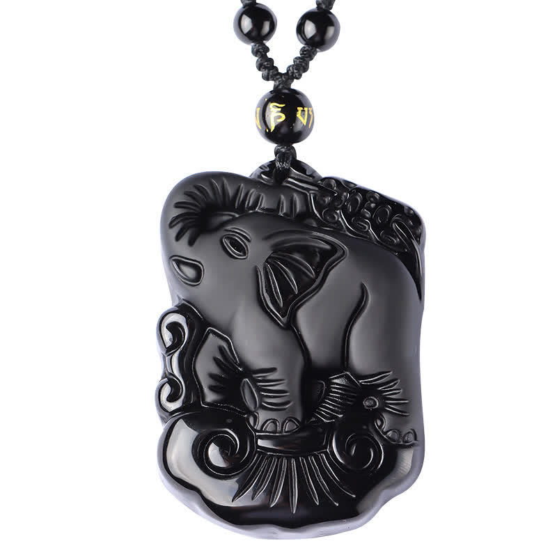 Black Obsidian Elephant Protection String Necklace Pendant Key Chain