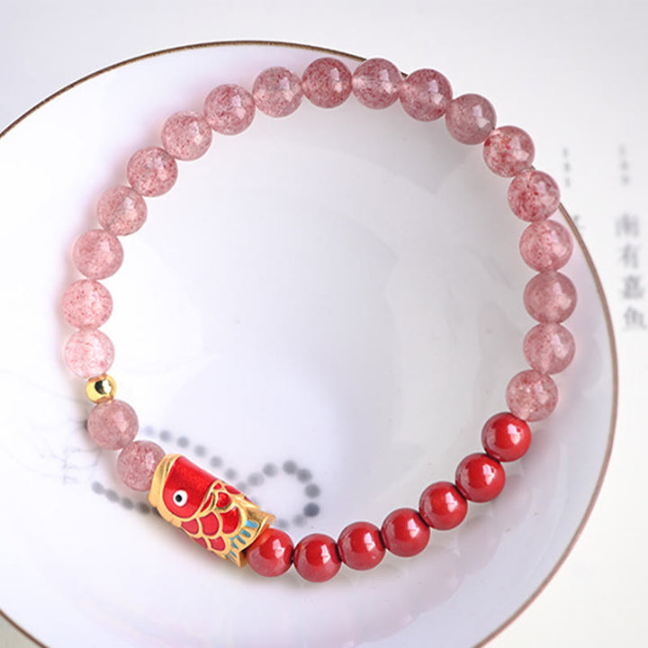 Buddha Stones Natural Strawberry Quartz Cinnabar Lucky Koi Fish Healing Bracelet