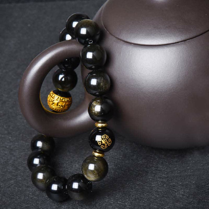 Chinese Zodiac Natal Buddha Gold Sheen Obsidian Wealth Protection Bracelet