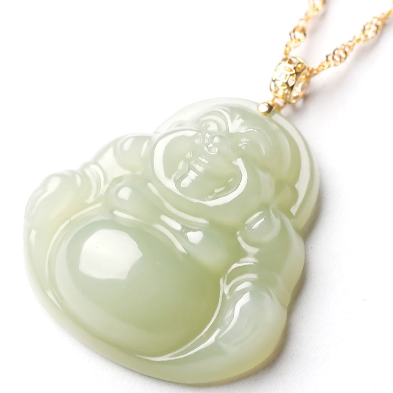 Buddha Stones 925 Sterling Silver Laughing Buddha Cyan Jade 18K Gold Success Necklace Pendant